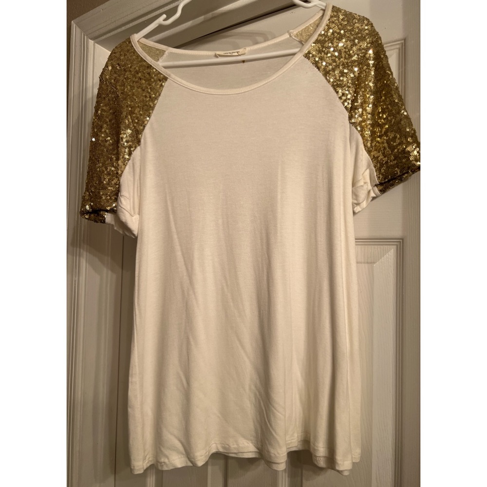 Brand New T-Shirt.  White with gold sleeves.